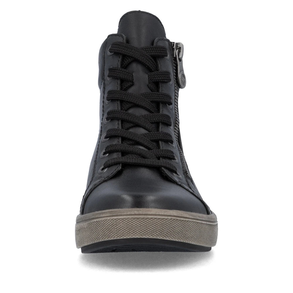 Rieker X0709-01 women's black leather zip & lace ankle boots, front view.