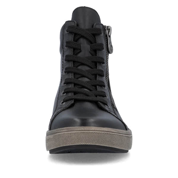 Rieker X0709-01 women's black leather zip & lace ankle boots, front view.