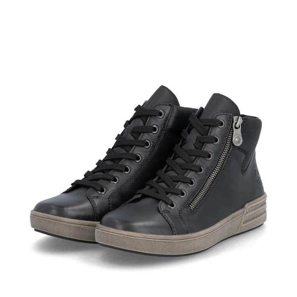 Rieker X0709-01 women's black leather zip & lace ankle boots, paired three-quarter view.
