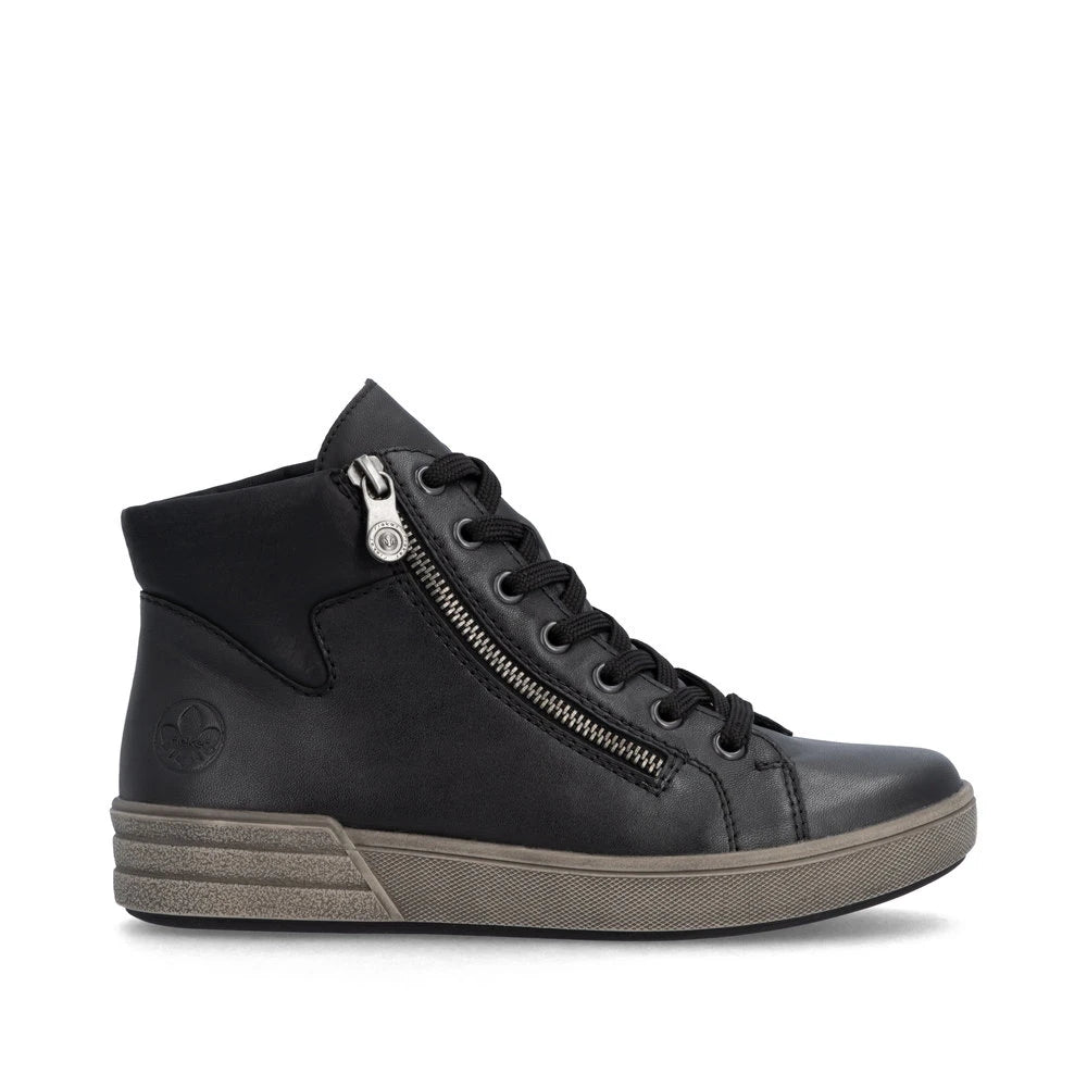 Rieker X0709-01 women's black leather zip & lace ankle boots, opposite side view.