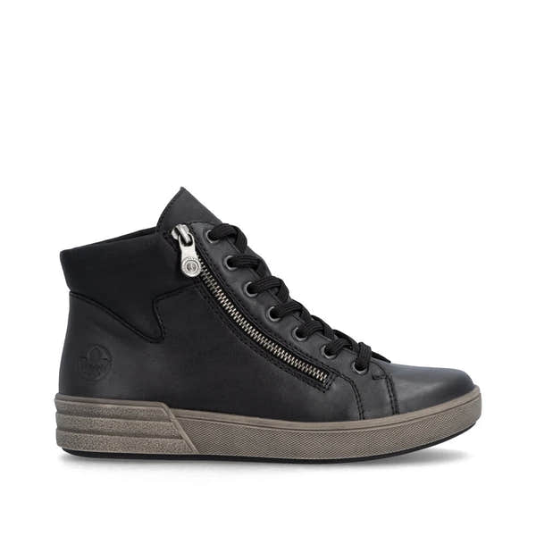 Rieker X0709-01 women's black leather zip & lace ankle boots, opposite side view.