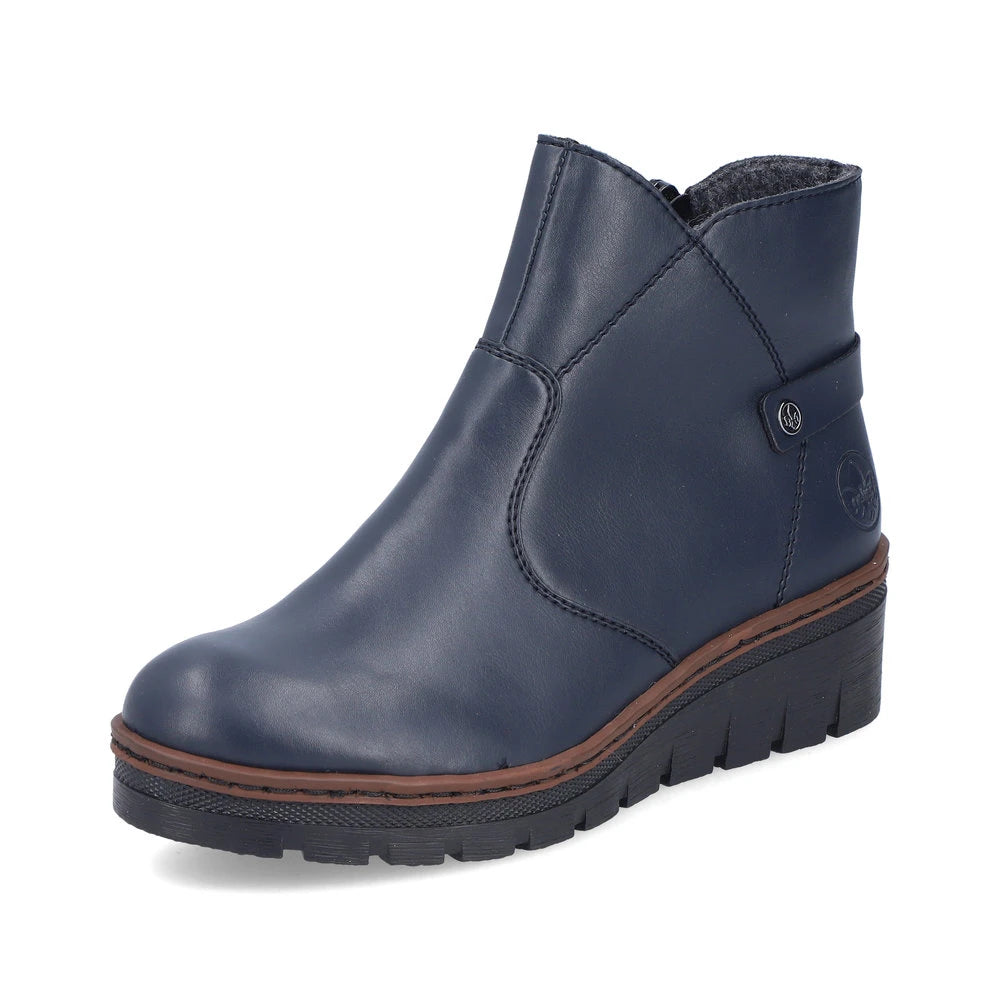 Rieker X9164-14 women's blue side zip ankle boots, front three-quarter view.