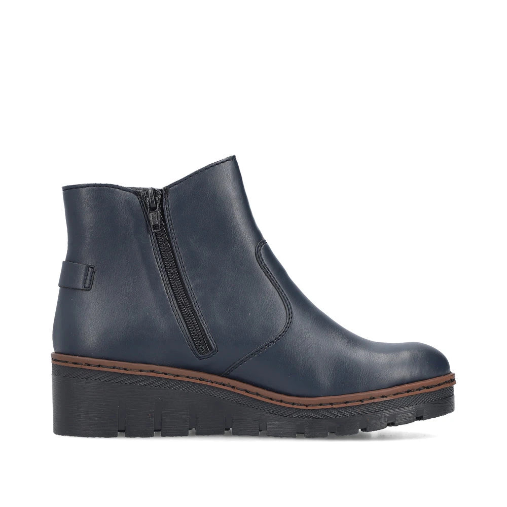 Rieker X9164-14 women's blue side zip ankle boots, outer side view.