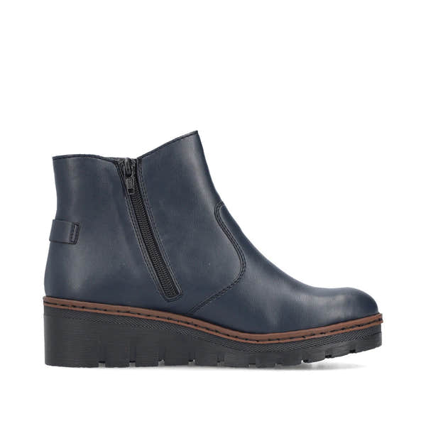 Rieker X9164-14 women's blue side zip ankle boots, outer side view.