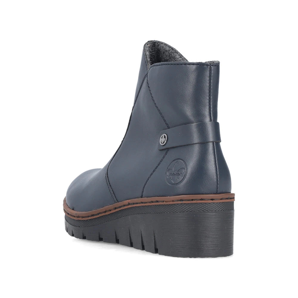 Rieker X9164-14 women's blue side zip ankle boots, rear three-quarter view.