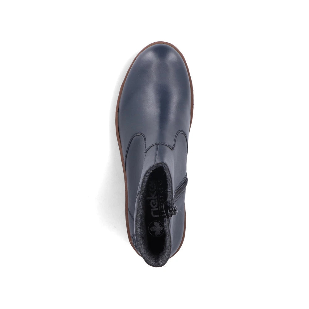 Rieker X9164-14 women's blue side zip ankle boots, top view.