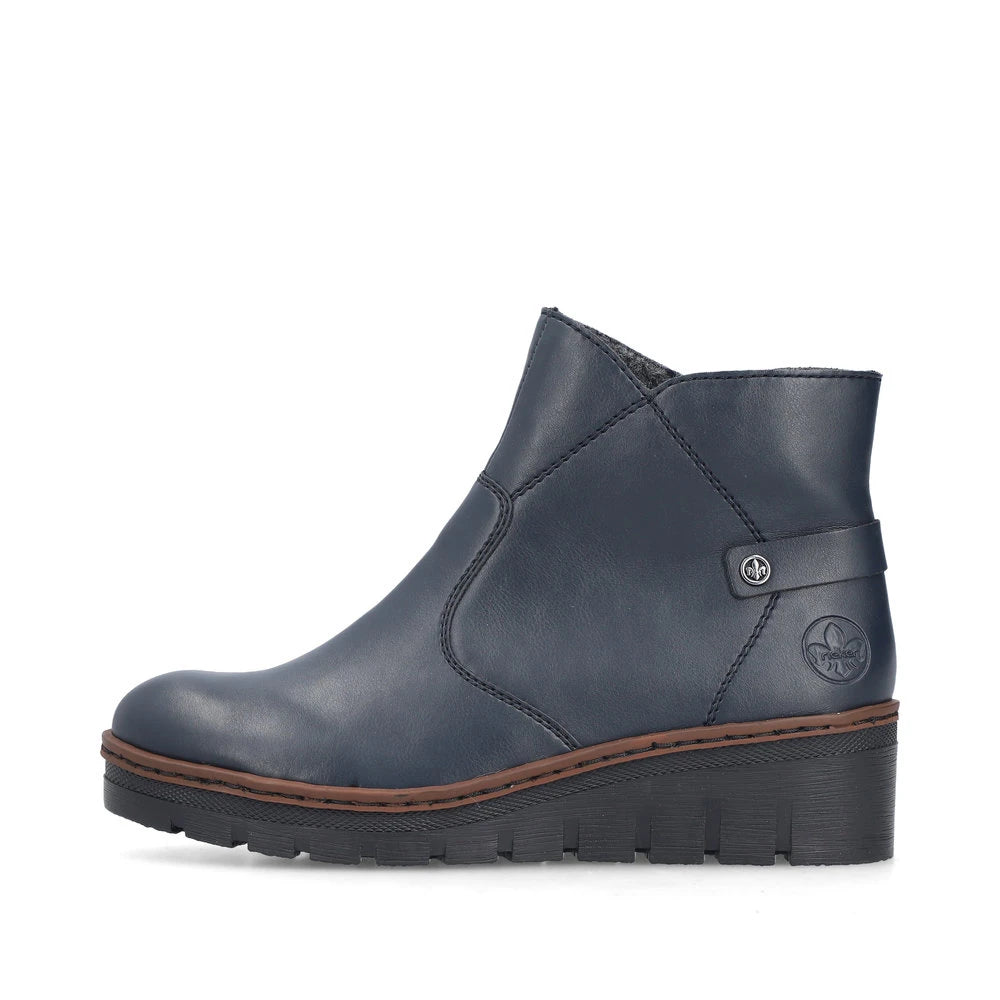Rieker X9164-14 women's blue side zip ankle boots, inner side view.