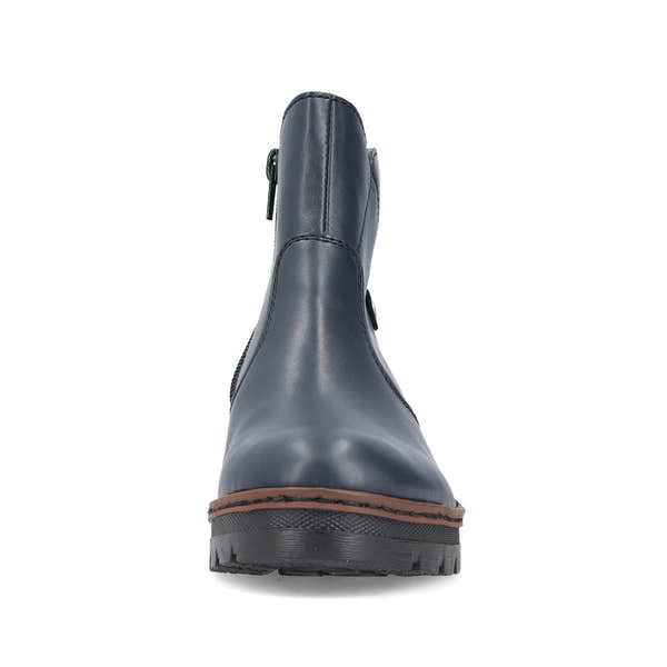 Rieker X9164-14 women's blue side zip ankle boots, front view.