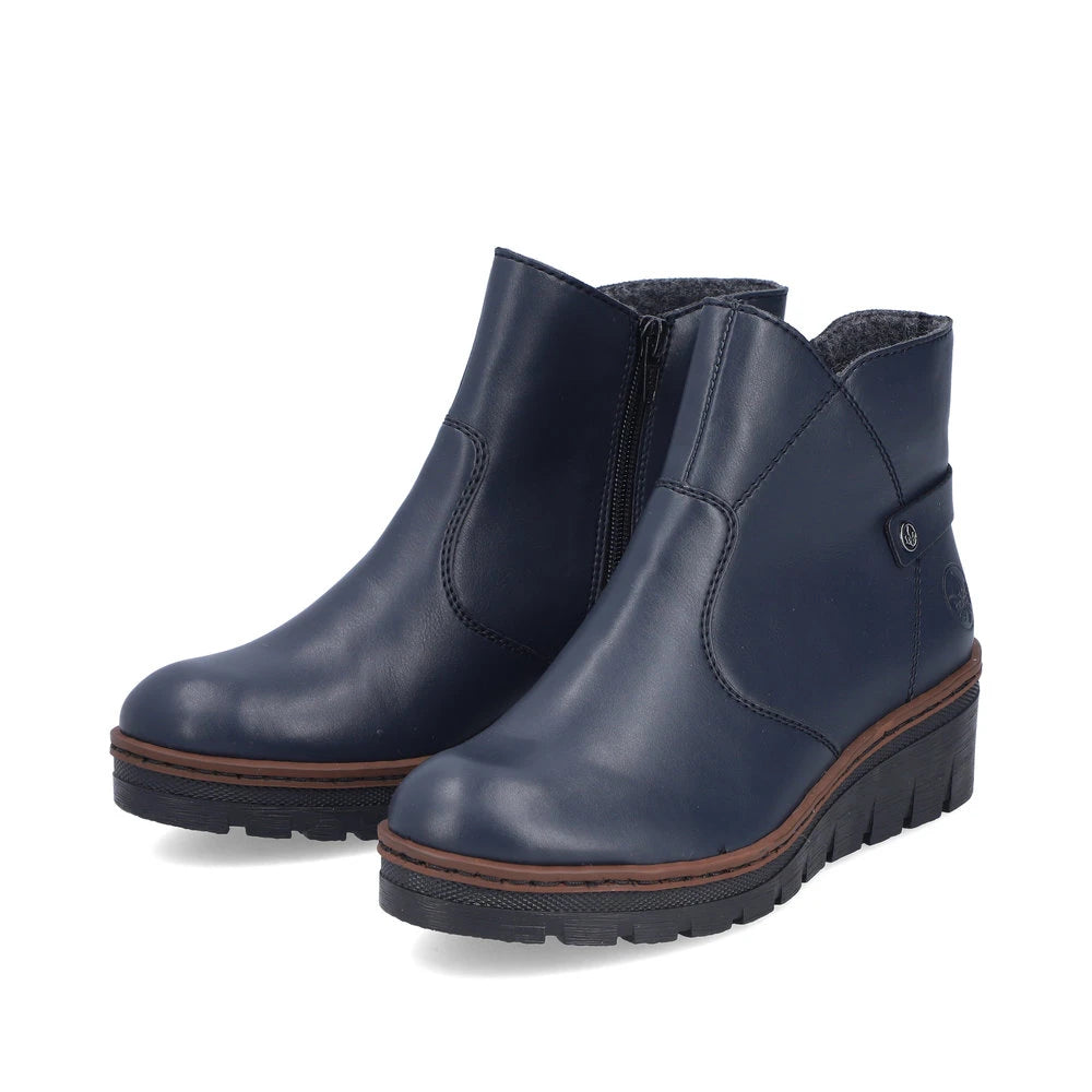 Rieker X9164-14 women's blue side zip ankle boots, paired three-quarter view.