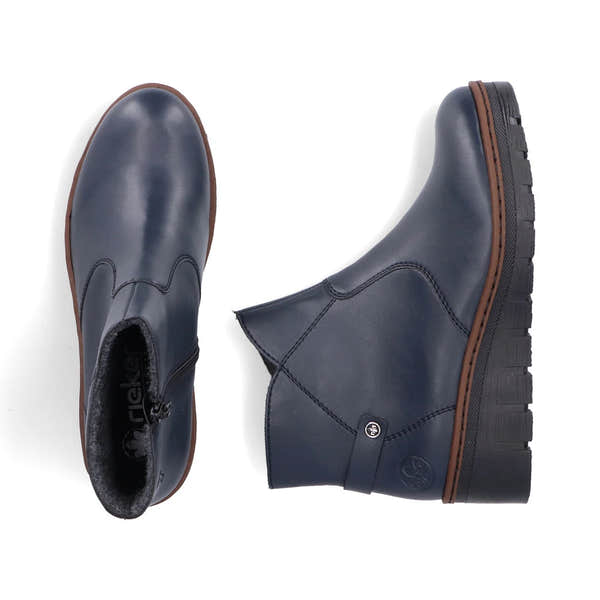 Rieker X9164-14 women's blue side zip ankle boots, two-angle product view.