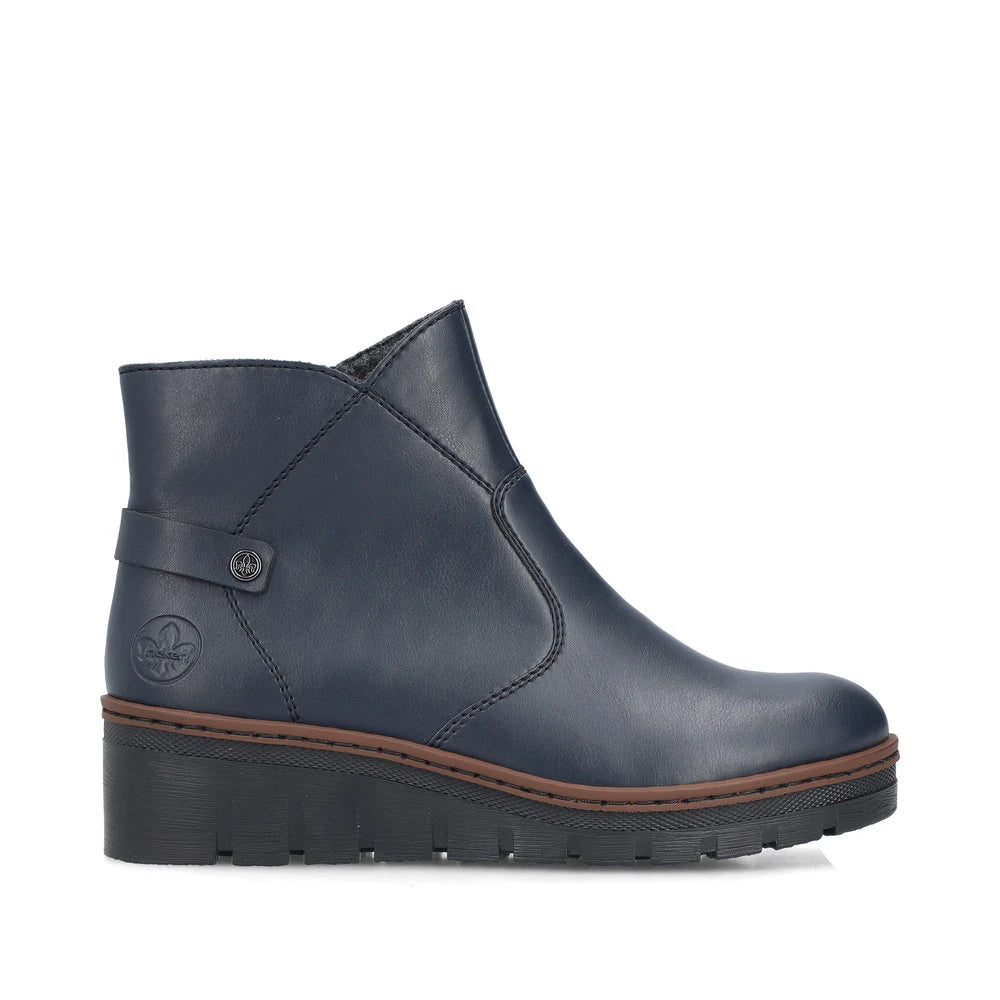 Rieker X9164-14 women's blue side zip ankle boots, opposite side view.