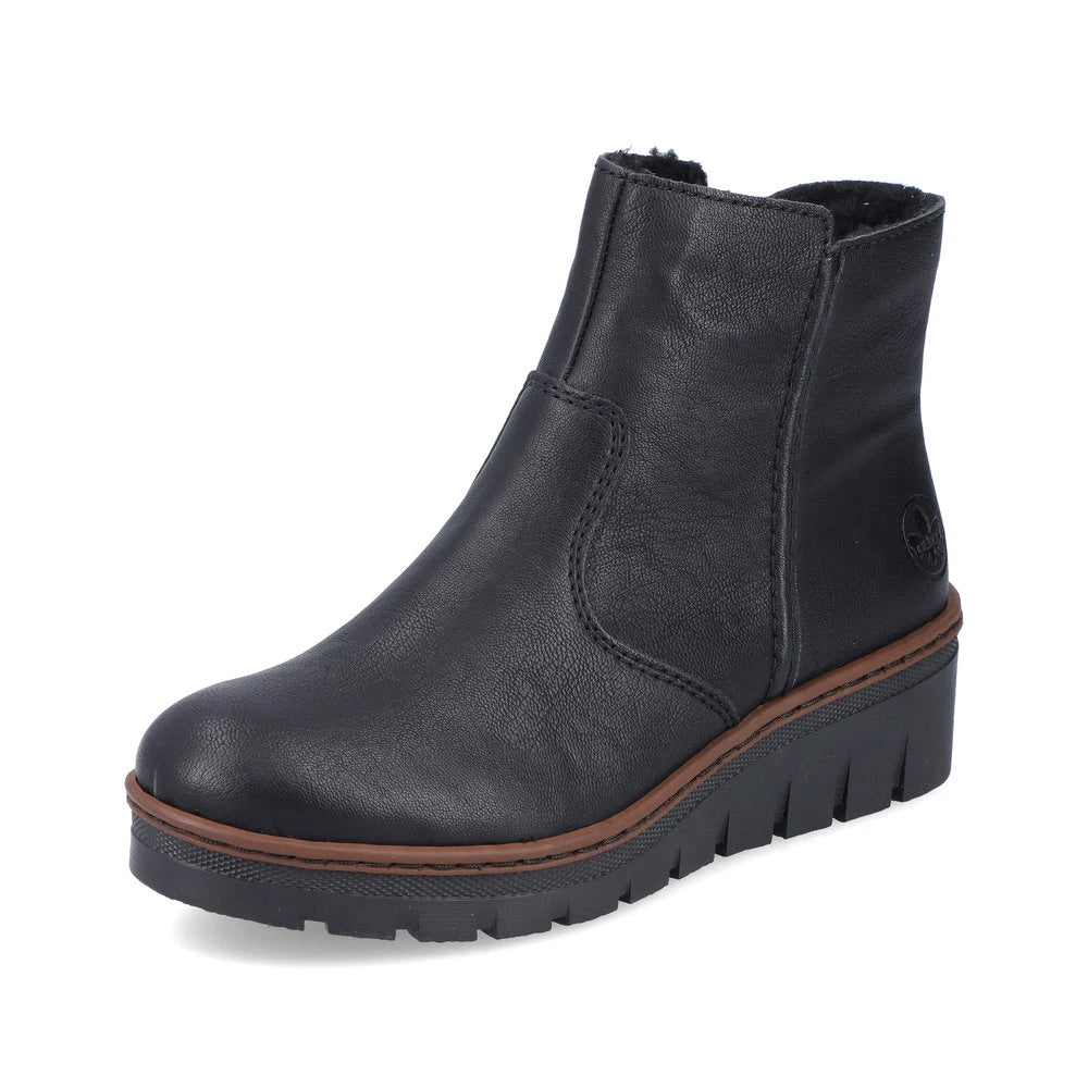 Rieker X9165-00 women's black side zip ankle boots, front three-quarter view.