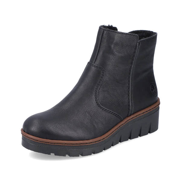 Rieker X9165-00 women's black side zip ankle boots, front three-quarter view.