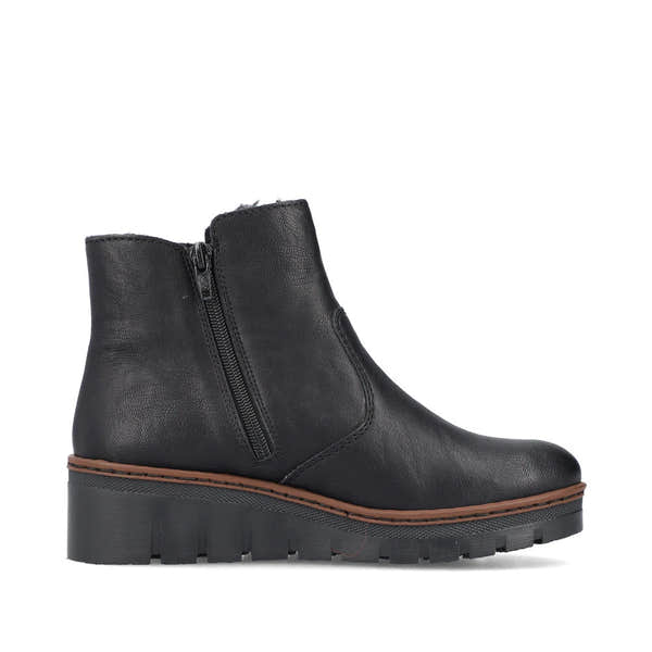 Rieker X9165-00 women's black side zip ankle boots, outer side view.