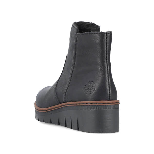 Rieker X9165-00 women's black side zip ankle boots, rear three-quarter view.
