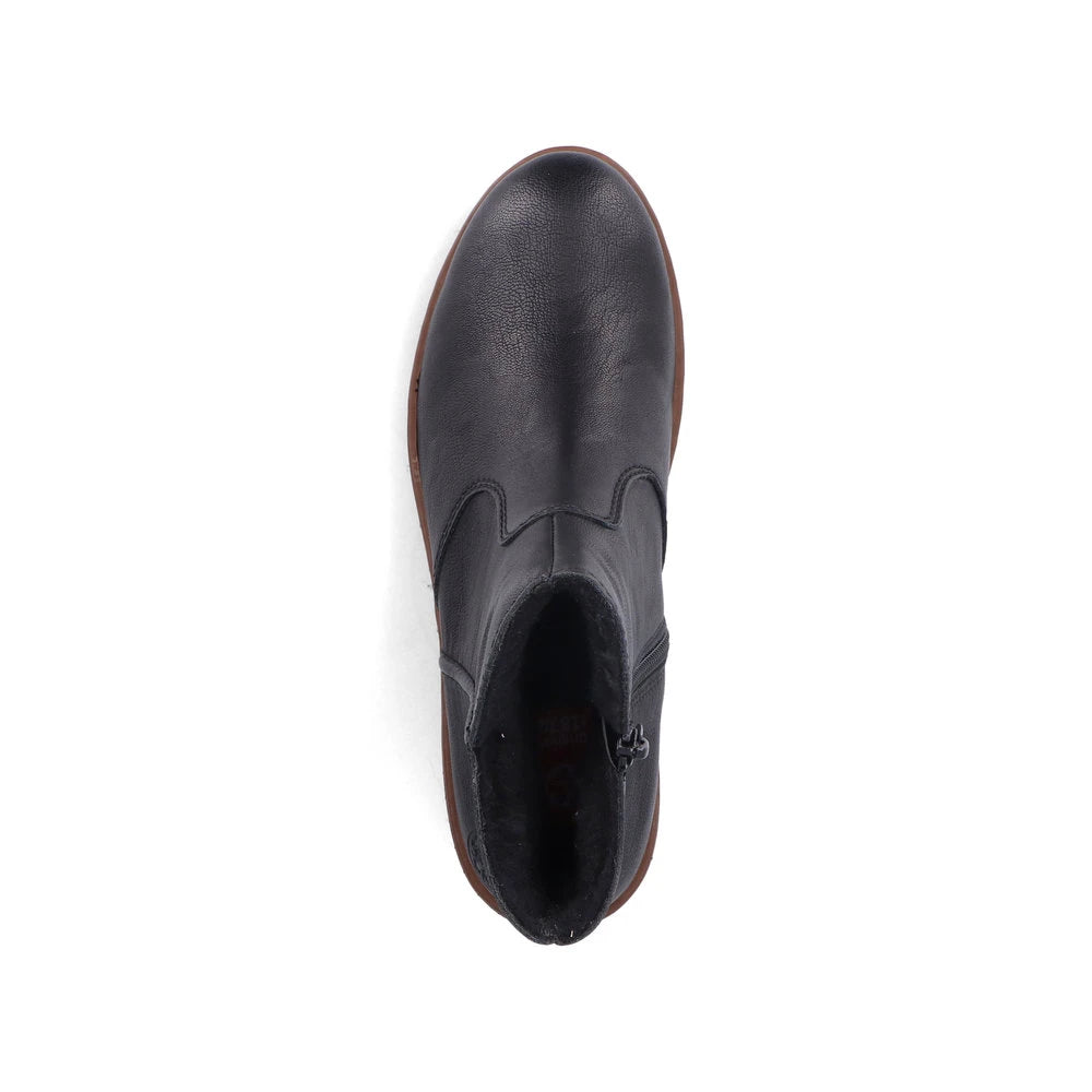 Rieker X9165-00 women's black side zip ankle boots, top view.