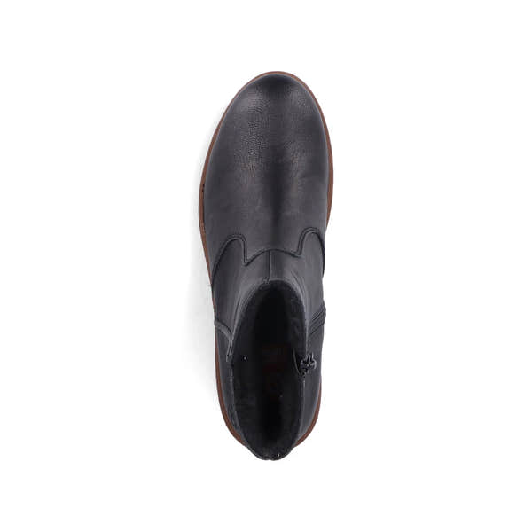 Rieker X9165-00 women's black side zip ankle boots, top view.