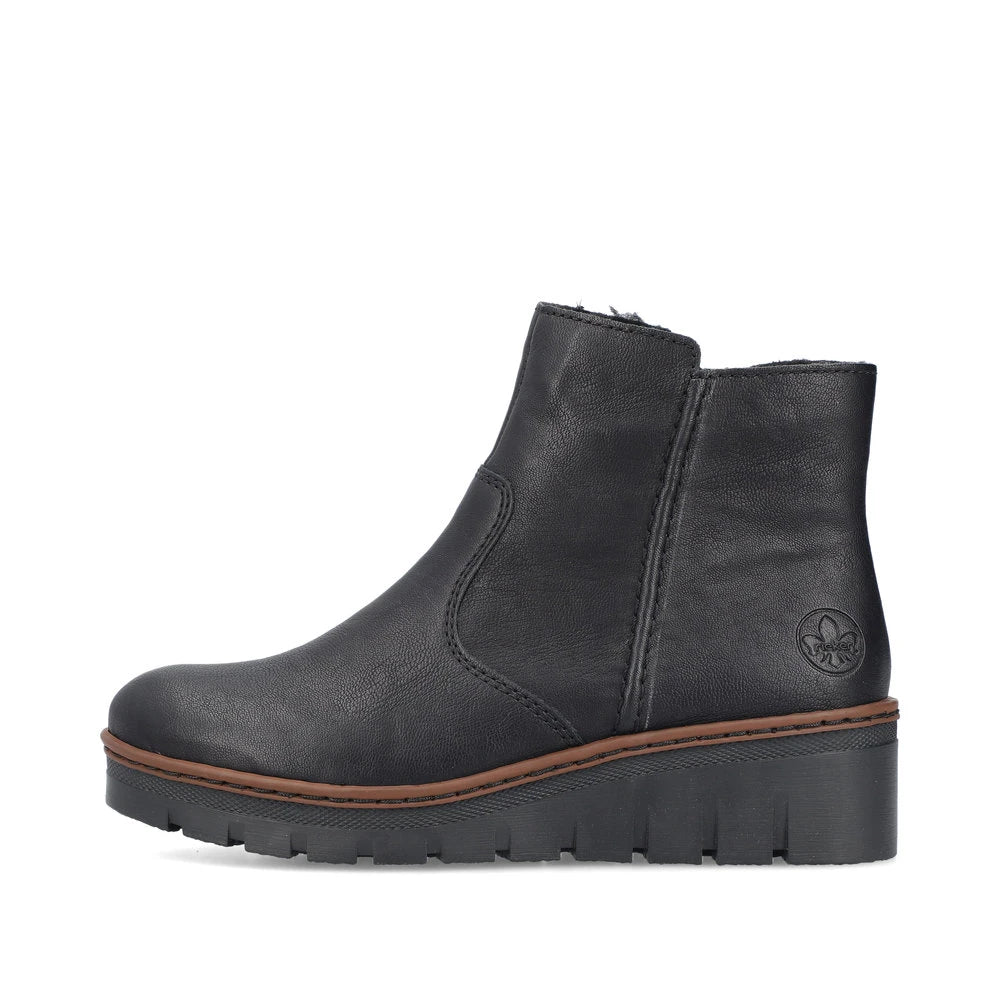 Rieker X9165-00 women's black side zip ankle boots, inner side view.