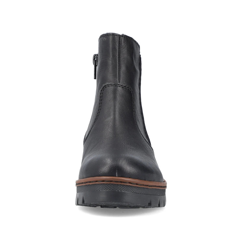 Rieker X9165-00 women's black side zip ankle boots, front view.