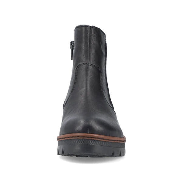 Rieker X9165-00 women's black side zip ankle boots, front view.