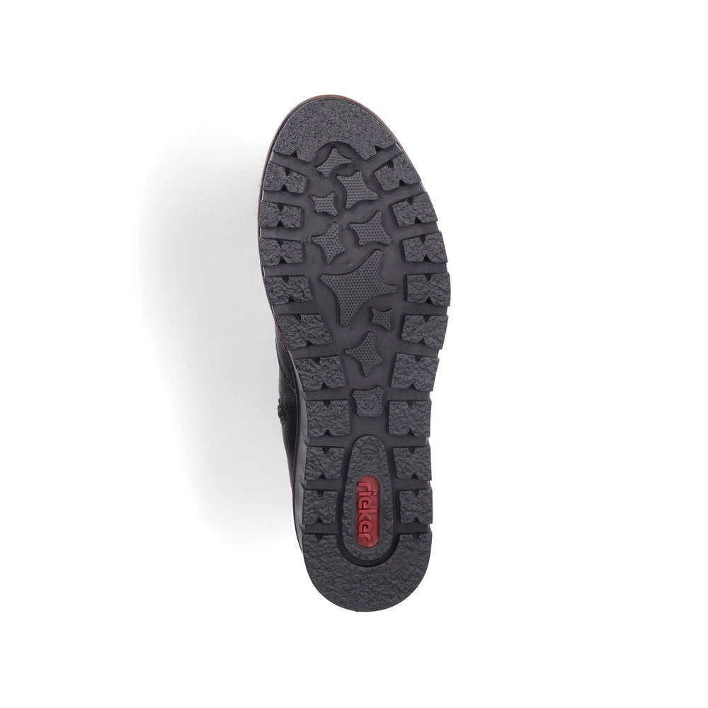 Rieker X9165-00 women's black side zip ankle boots, sole and tread view.