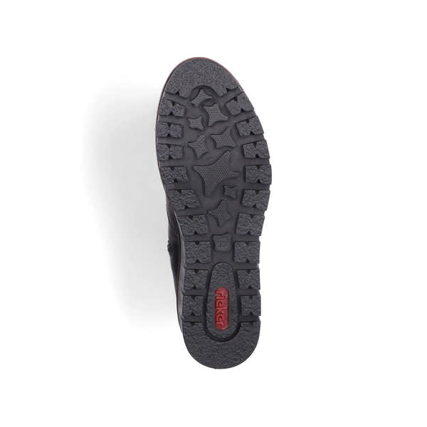 Rieker X9165-00 women's black side zip ankle boots, sole and tread view.