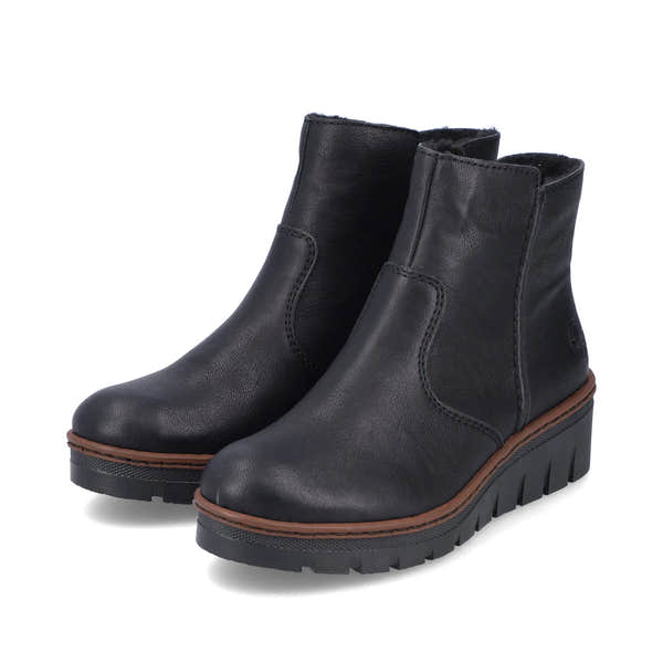Rieker X9165-00 women's black side zip ankle boots, paired three-quarter view.