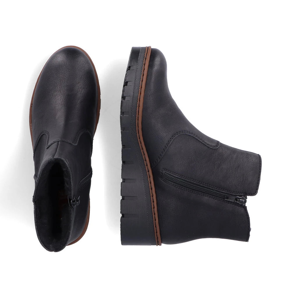Rieker X9165-00 women's black side zip ankle boots, two-angle product view.