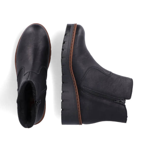 Rieker X9165-00 women's black side zip ankle boots, two-angle product view.