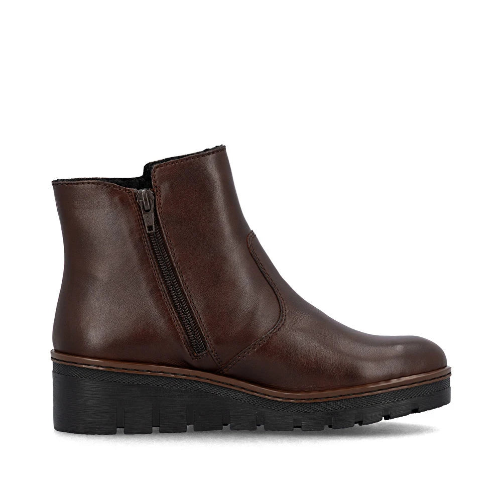 Rieker X9165-27 women's brown leather side zip ankle boots, outer side view.