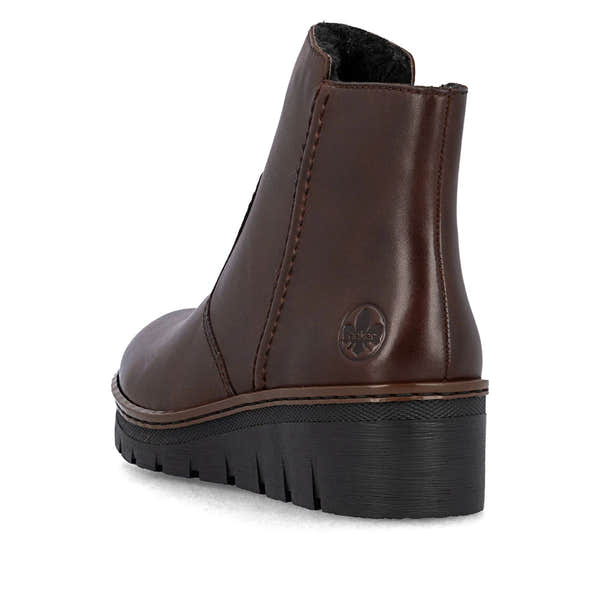 Rieker X9165-27 women's brown leather side zip ankle boots, rear three-quarter view.