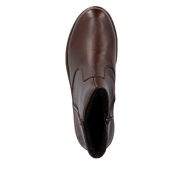 Rieker X9165-27 women's brown leather side zip ankle boots, top view.