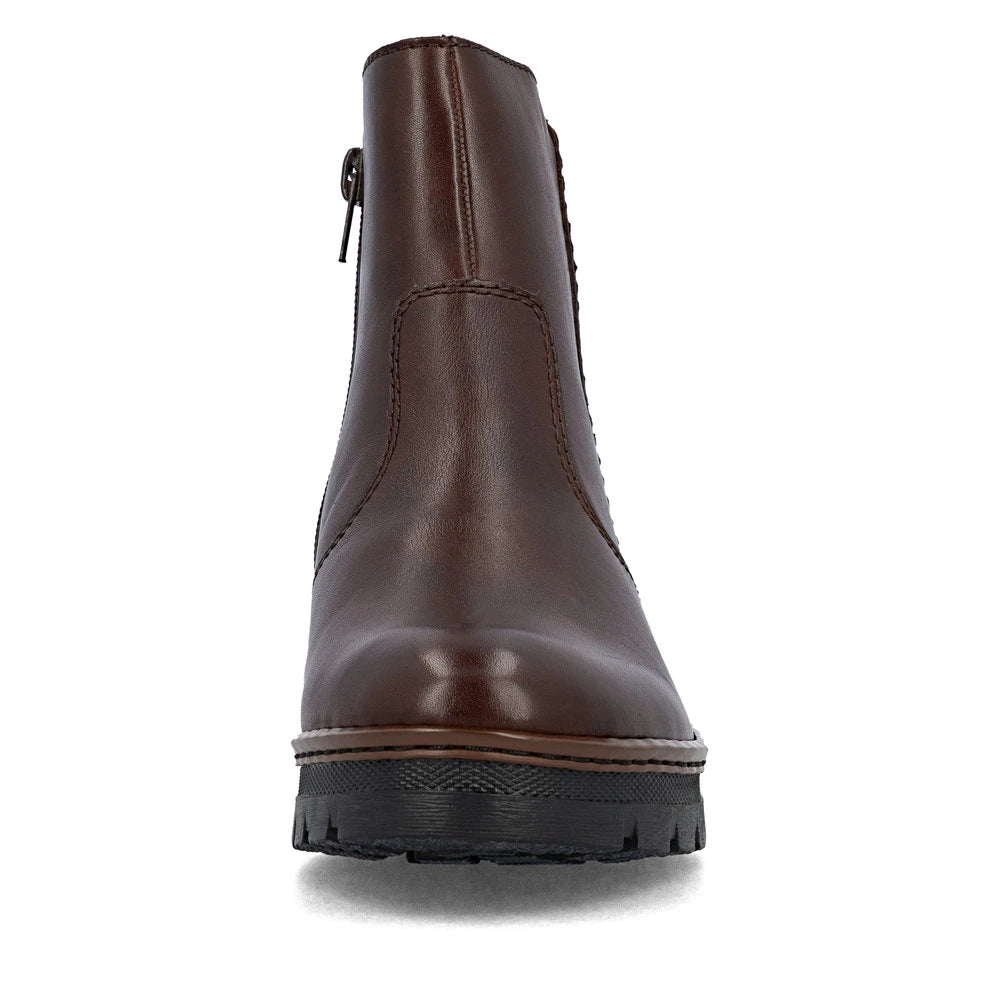 Rieker X9165-27 women's brown leather side zip ankle boots, front view.