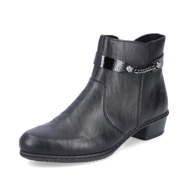 Rieker Y0783-00 women's black side zip ankle boots, front three-quarter view.
