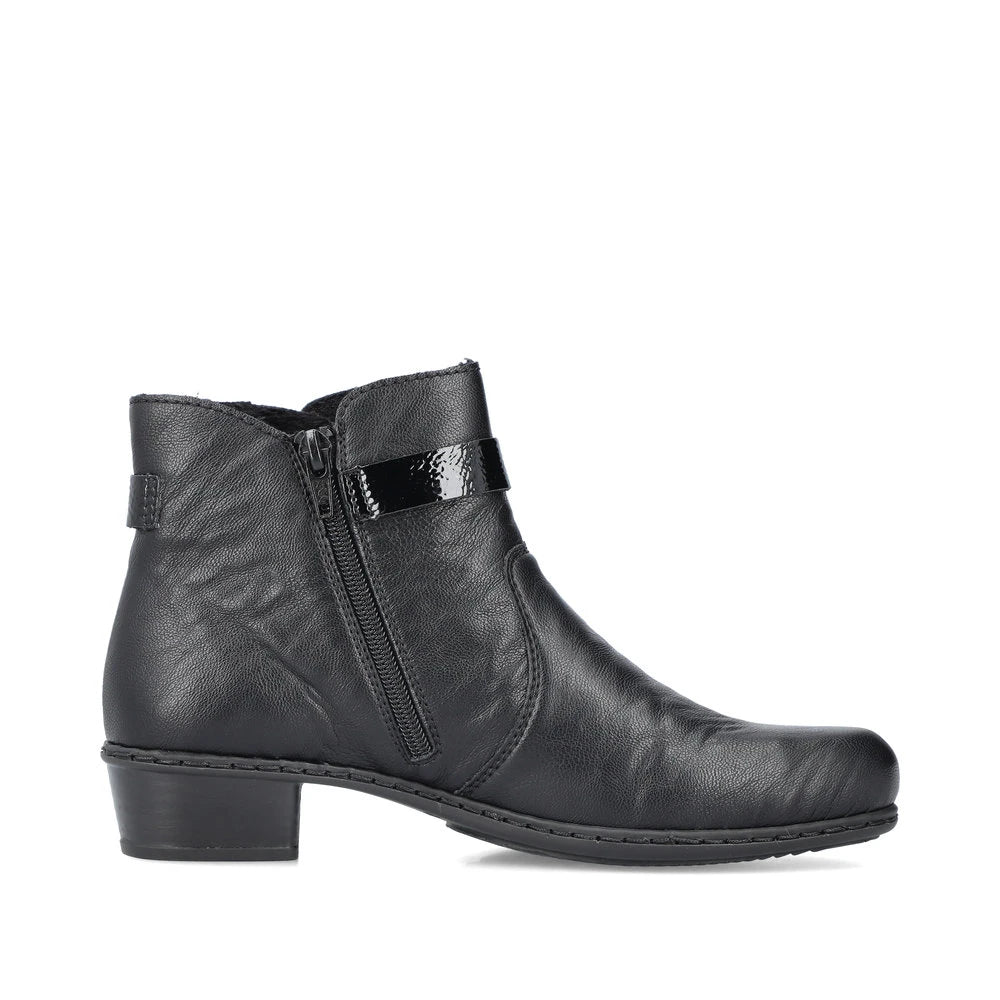 Rieker Y0783-00 women's black side zip ankle boots, outer side view.