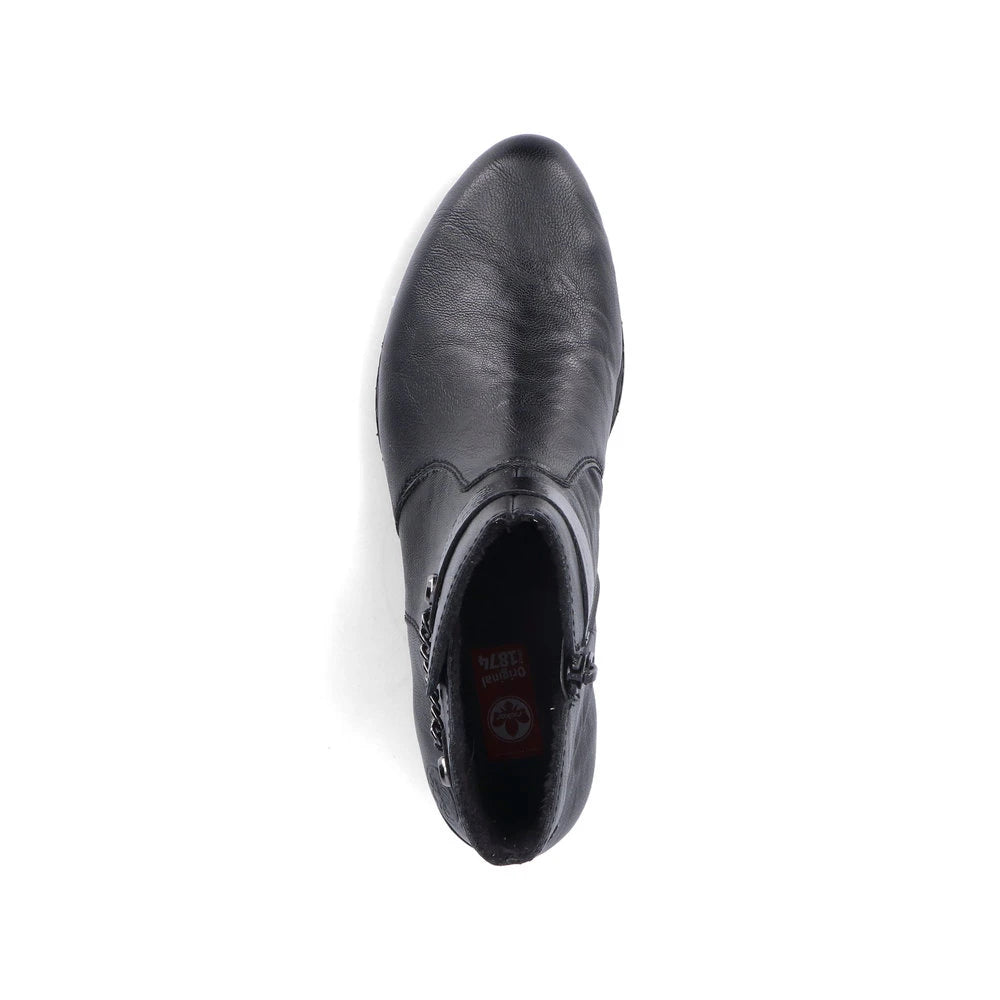 Rieker Y0783-00 women's black side zip ankle boots, top view.