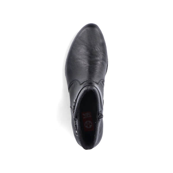 Rieker Y0783-00 women's black side zip ankle boots, top view.