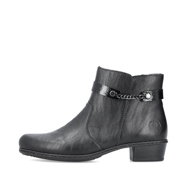 Rieker Y0783-00 women's black side zip ankle boots, inner side view.