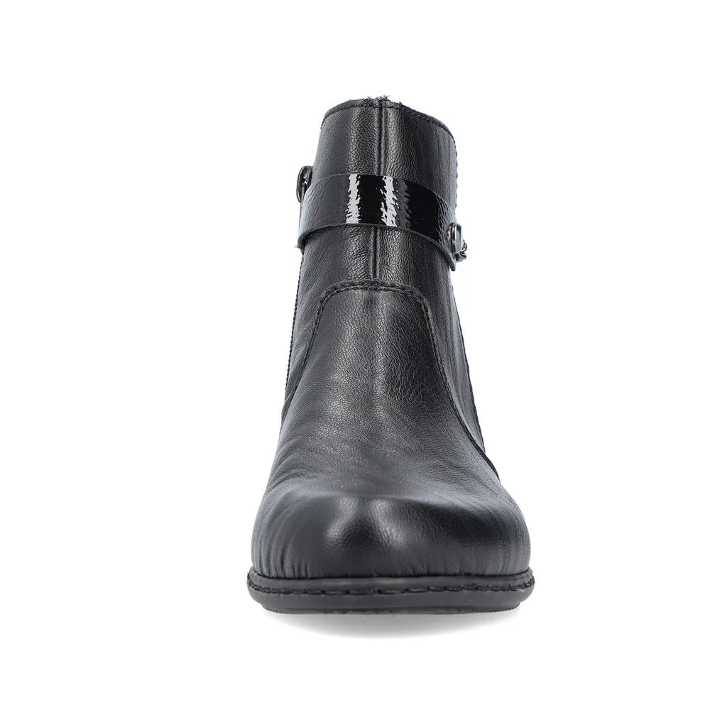 Rieker Y0783-00 women's black side zip ankle boots, front view.