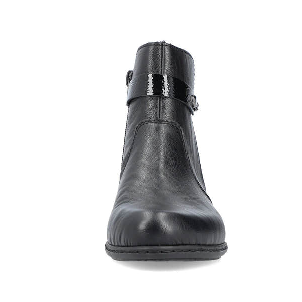 Rieker Y0783-00 women's black side zip ankle boots, front view.