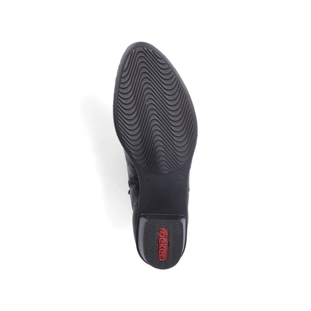Rieker Y0783-00 women's black side zip ankle boots, sole and tread view.