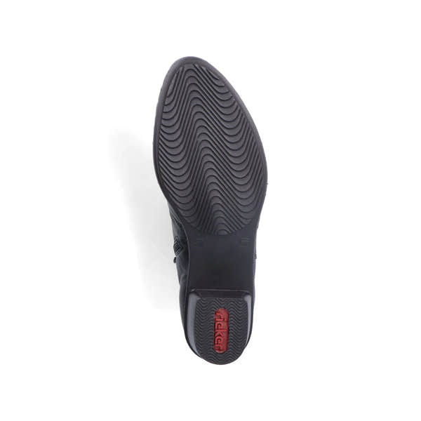 Rieker Y0783-00 women's black side zip ankle boots, sole and tread view.