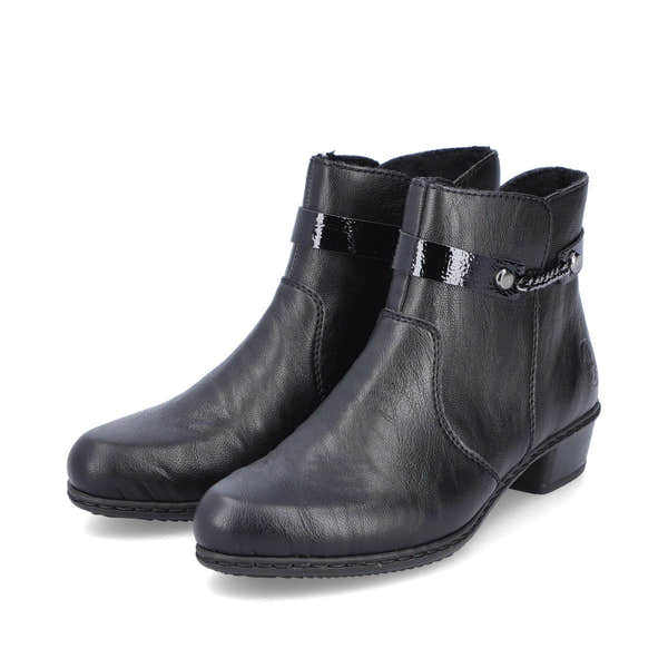 Rieker Y0783-00 women's black side zip ankle boots, paired three-quarter view.