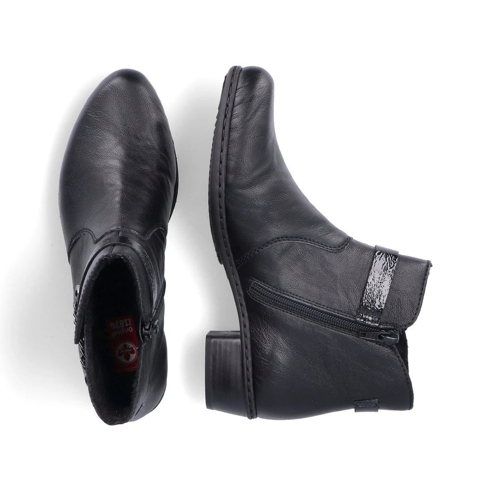 Rieker Y0783-00 women's black side zip ankle boots, two-angle product view.