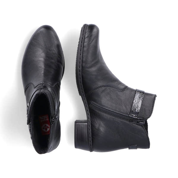Rieker Y0783-00 women's black side zip ankle boots, two-angle product view.