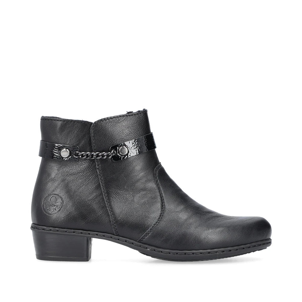Rieker Y0783-00 women's black side zip ankle boots, opposite side view.