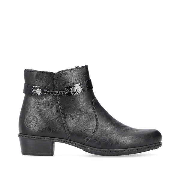 Rieker Y0783-00 women's black side zip ankle boots, opposite side view.