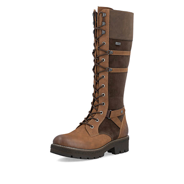 Rieker Y8101-25 women's brown suede water resistant zip & lace mid-calf boots, front three-quarter view.