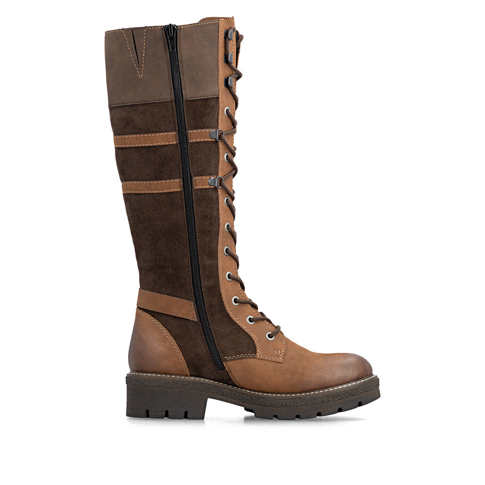 Rieker Y8101-25 women's brown suede water resistant zip & lace mid-calf boots, outer side view.