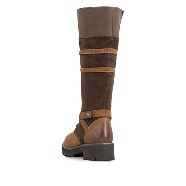 Rieker Y8101-25 women's brown suede water resistant zip & lace mid-calf boots, rear three-quarter view.